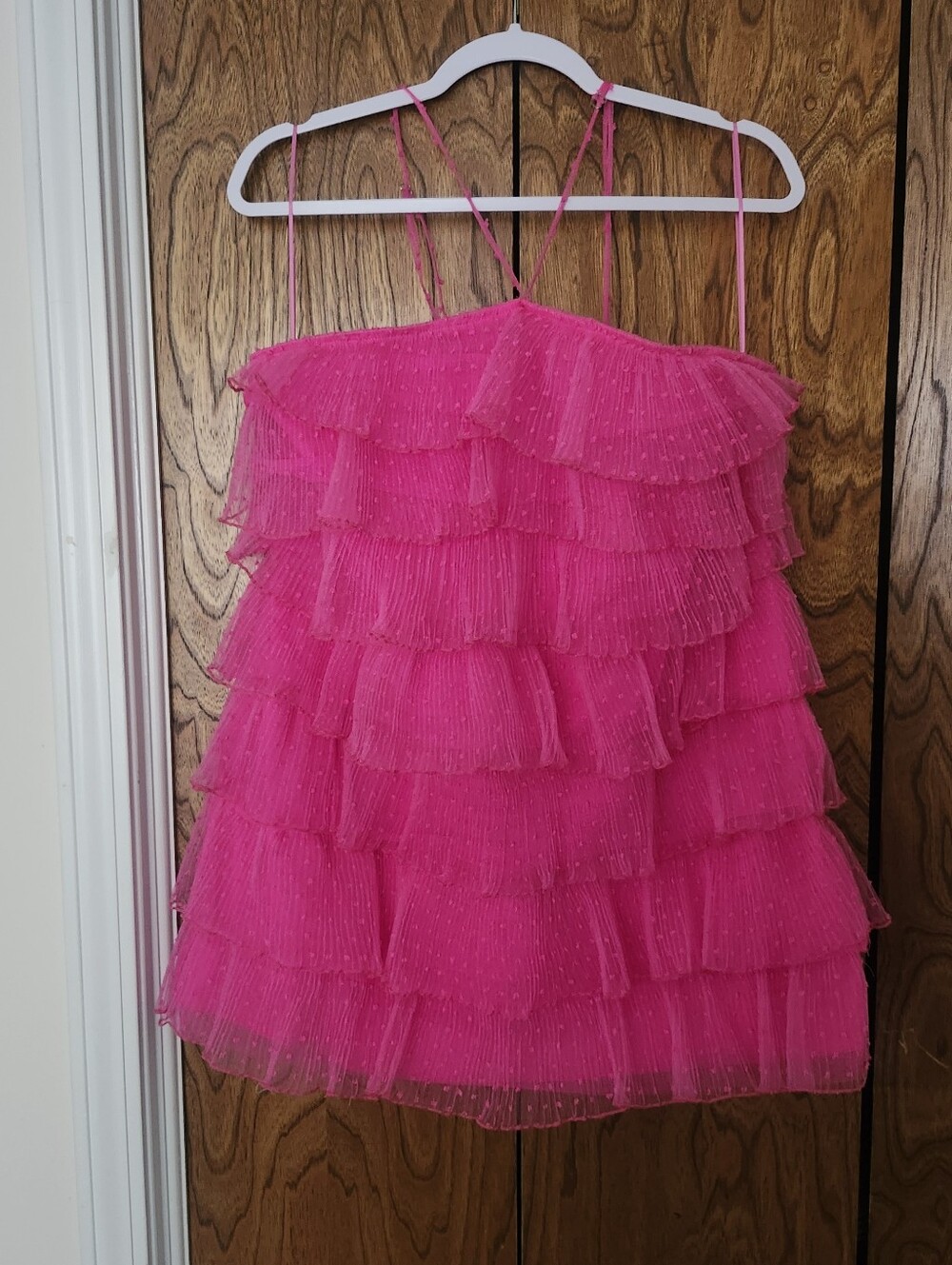 Bright Hot Pink Tiered Ruffle Spaghetti Strap Dress